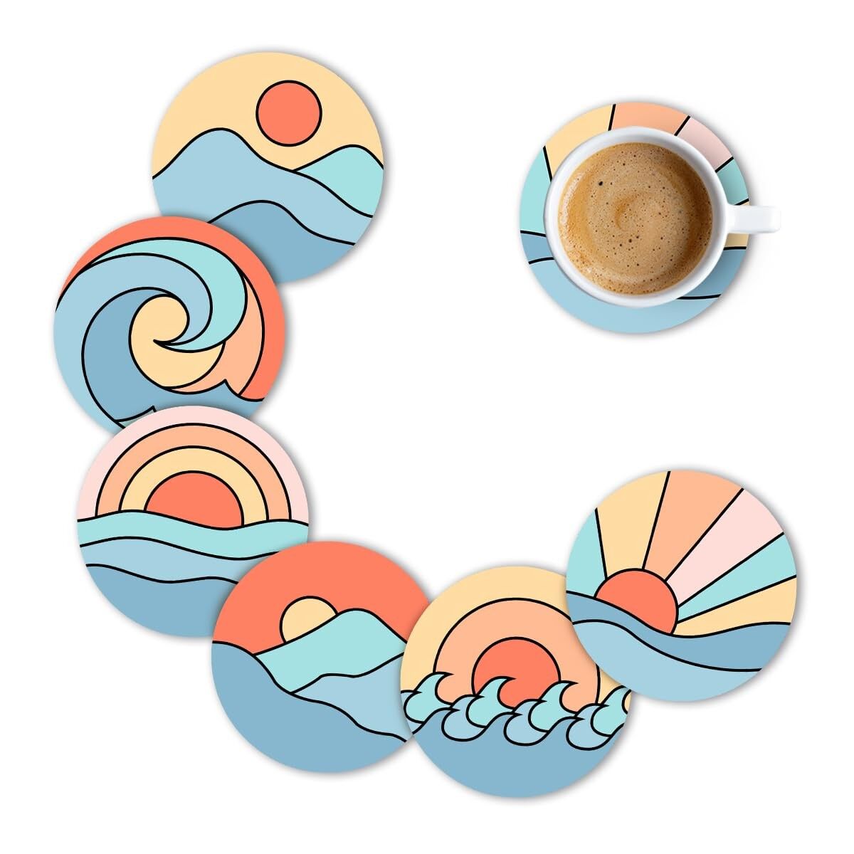 Ensemble de 6 sous-verres en bois imprimés de qualité supérieure (3.5 x 3.5 pouces) pour tasses à thé, café et verres | Décoration pour la maison et le bureau et protection de table