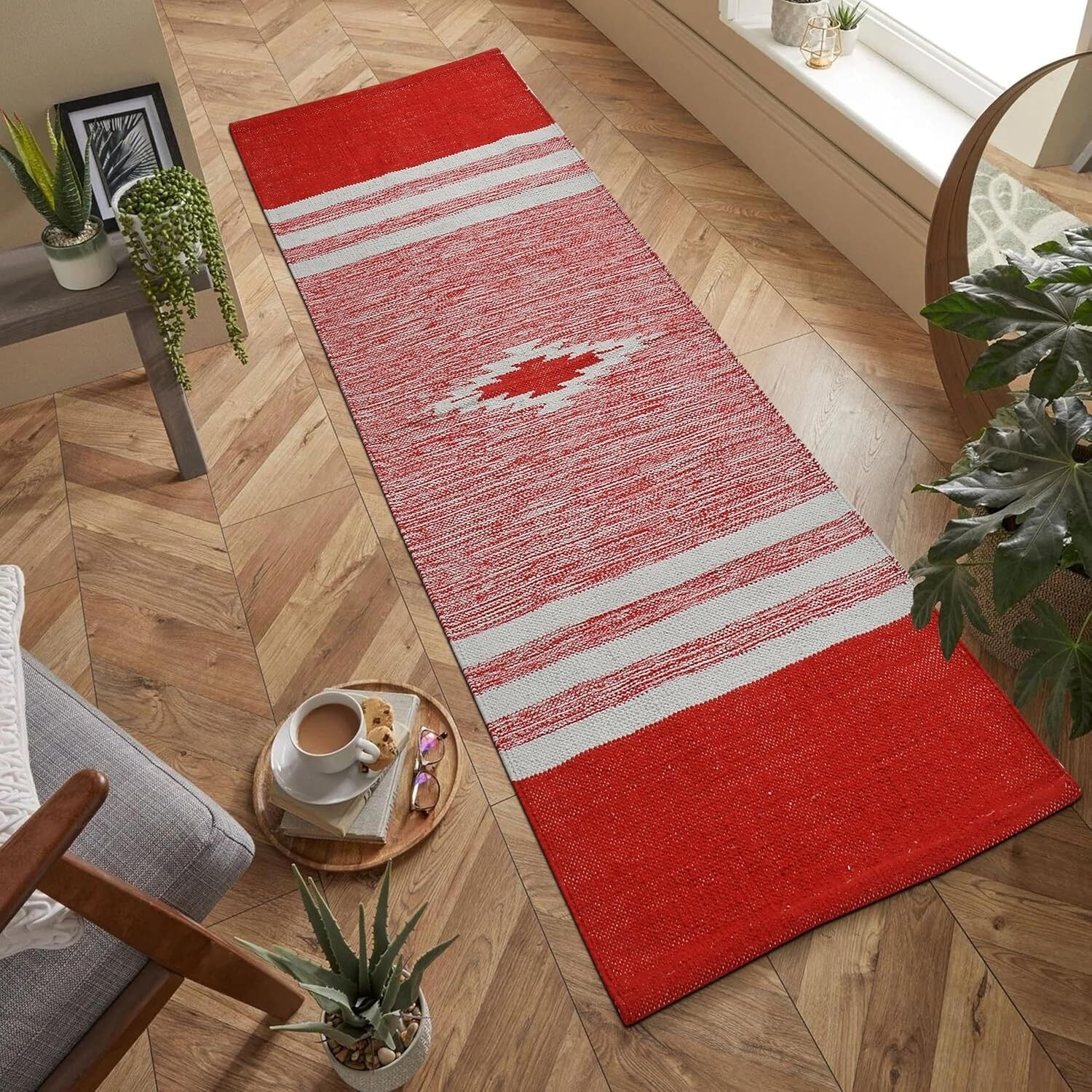 Tapis de couloir en coton 100 % naturel tissé à la main, 60 x 152 cm (2 x 5 pi) | Chambre, salon, tapis de sol lavable