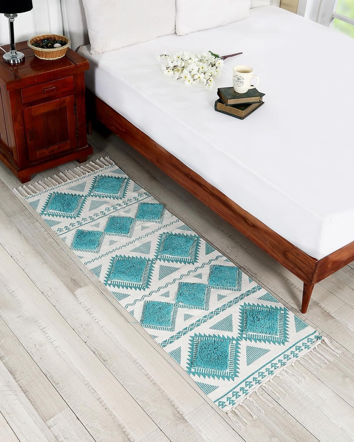 Tapis de couloir en coton bleu ciel et blanc, tissé à la main et tufté, 60 x 150 cm | Chambre, salon, décoration de sol, artisanat indien