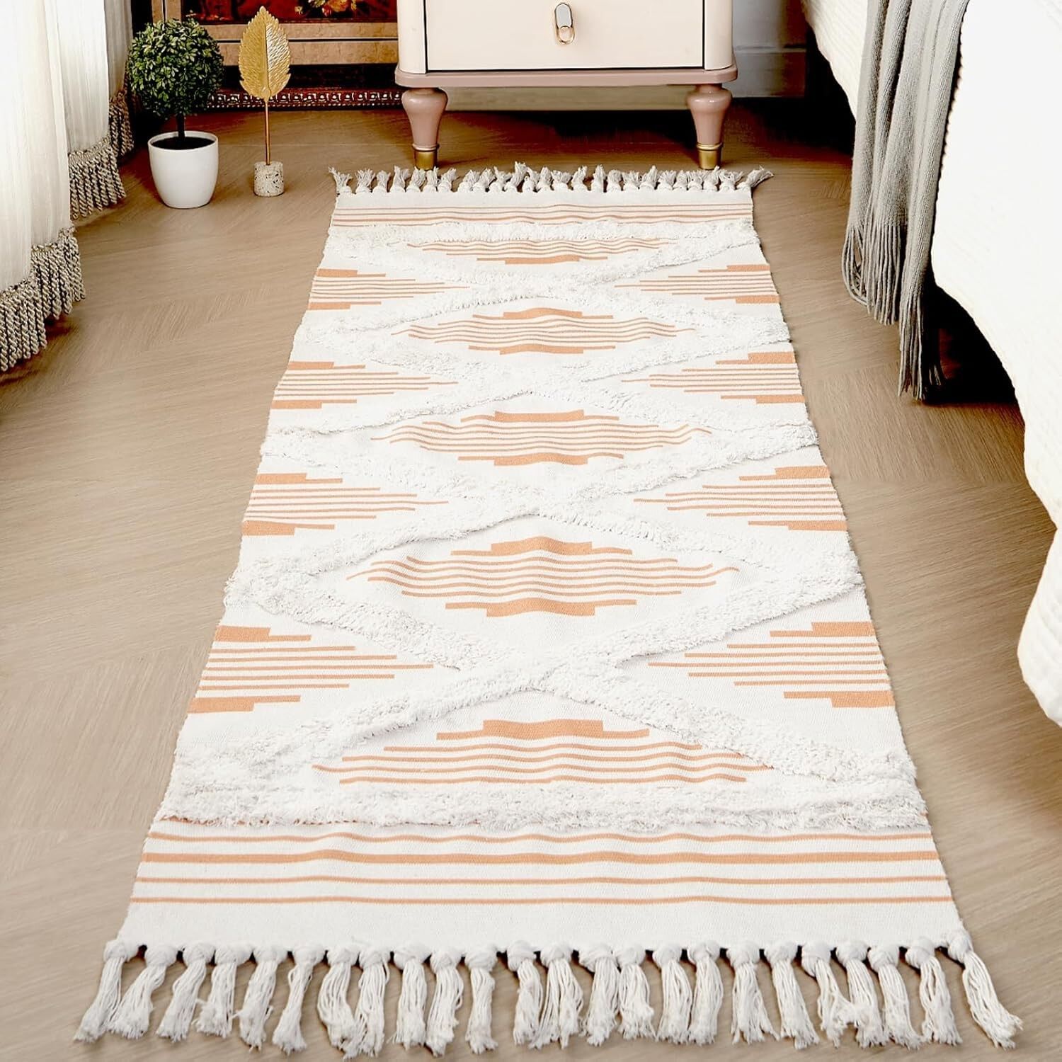 Tapis de couloir en coton naturel 100 % rouille à motifs zigzag, tissé à la main, 60 x 152 cm (2 x 5 pi) | Lavable | Décoration de sol pour chambre et salon