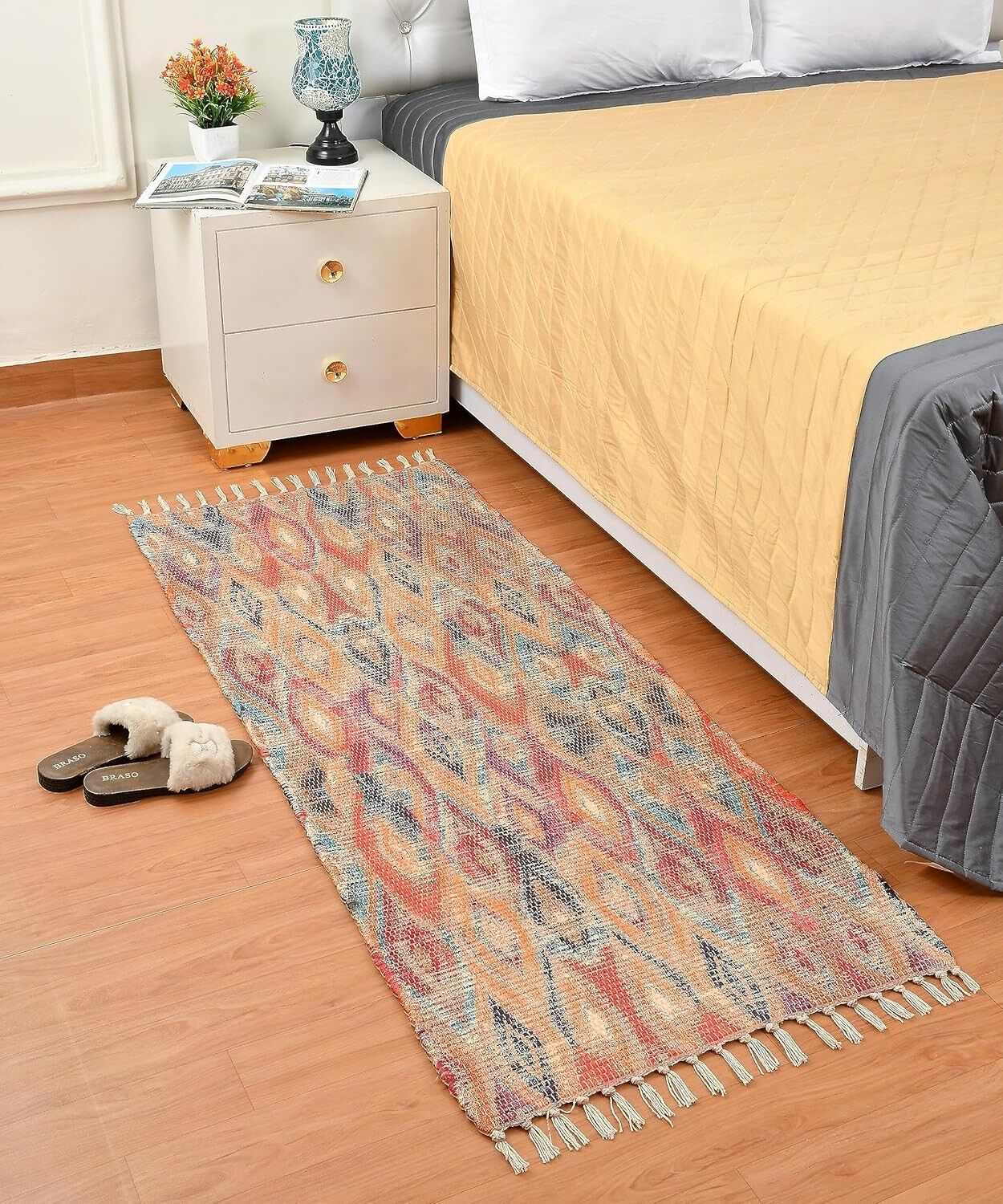 Tapis Dhurrie imprimé à la main, moderne et durable (60 x 150 cm) | Tapis en tissu recyclé, descente de lit