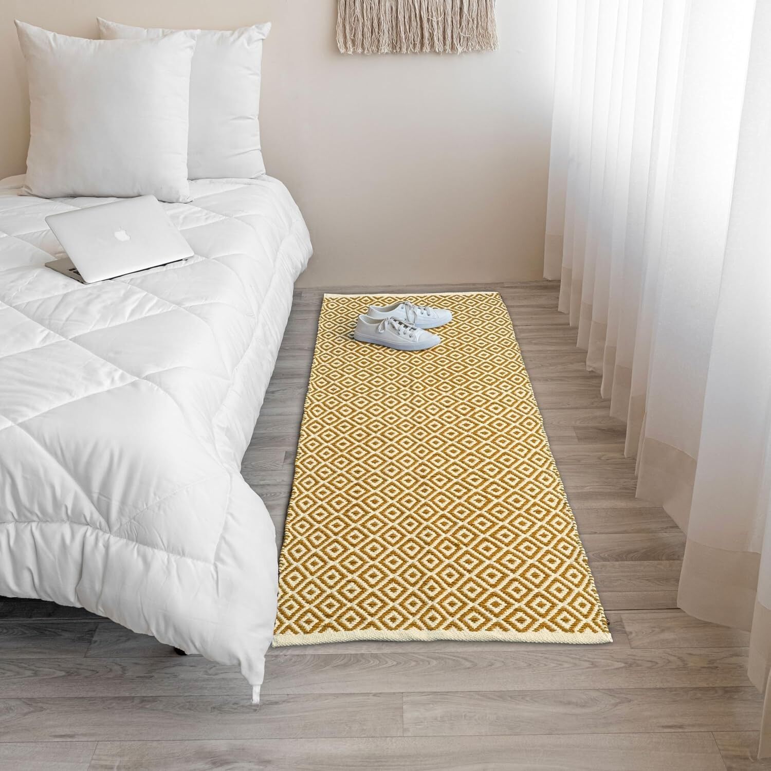 Tapis de couloir bohème style ferme, en coton tissé à la main sur métier à losanges, 60 x 180 cm | Idéal pour la cuisine, le salon ou l'entrée