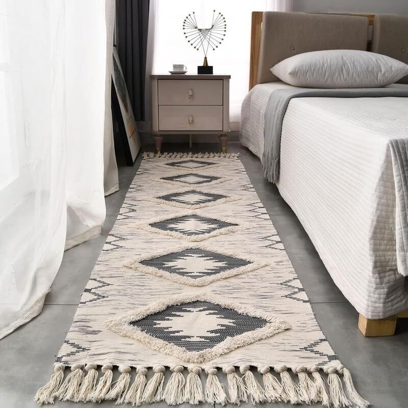 Tapis de couloir moderne tissé à la main en 100 % coton, lavable et imprimé, 60 x 150 cm | Tapis pour salon, chambre, cuisine