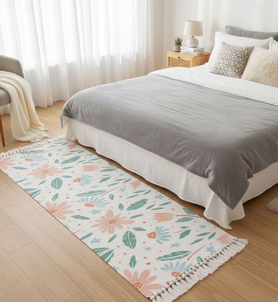 Tapis de chevet lavable 100 % coton, tissé à la main, imprimé floral, 60 x 150 cm | Idéal pour salon, chambre ou cuisine