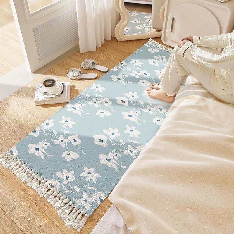 Tapis de chevet 100 % coton lavable, tissé à la main, motif gardénia, 60 x 150 cm | Tapis pour salon, chambre, cuisine