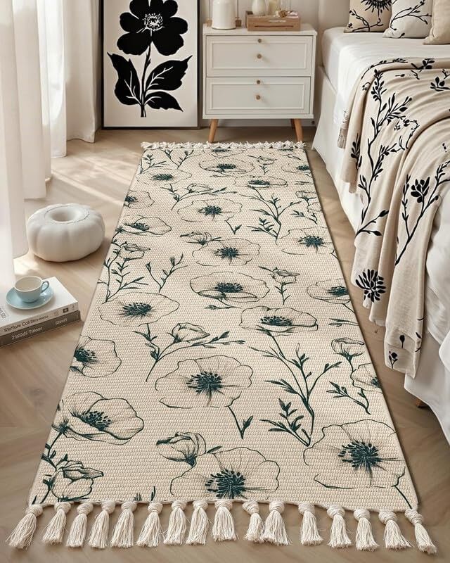 Tapis de couloir moderne noir à motifs floraux, tissé à la main, 100 % coton, lavable, 60 x 150 cm | Idéal pour le salon, la chambre ou la cuisine.