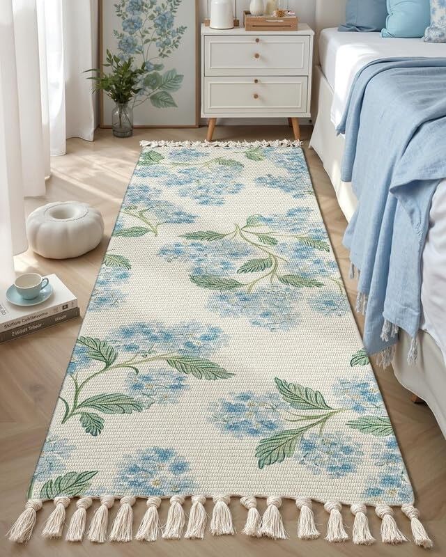 Tapis de couloir moderne à motif floral bleu Blossom, tissé à la main, lavable, 100 % coton, 60 x 150 cm | Idéal pour salon, chambre ou cuisine