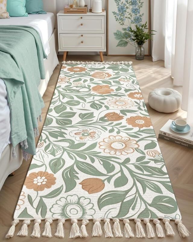 Tapis de couloir imprimé tissé à la main 100 % coton lavable 60 x 150 cm | Tapis à motifs floraux verts pour salon, chambre, cuisine