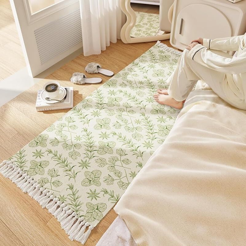 Tapis de couloir imprimé, 100 % coton, tissé à la main et lavable, 60 x 150 cm | Idéal pour salon, chambre, cuisine, motif gazon vert
