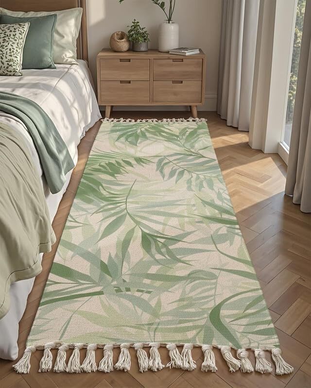 Tapis de chevet lavable 100 % coton imprimé tissé à la main, 60 x 150 cm | Tapis à motif de palmier vert pour salon, chambre, cuisine