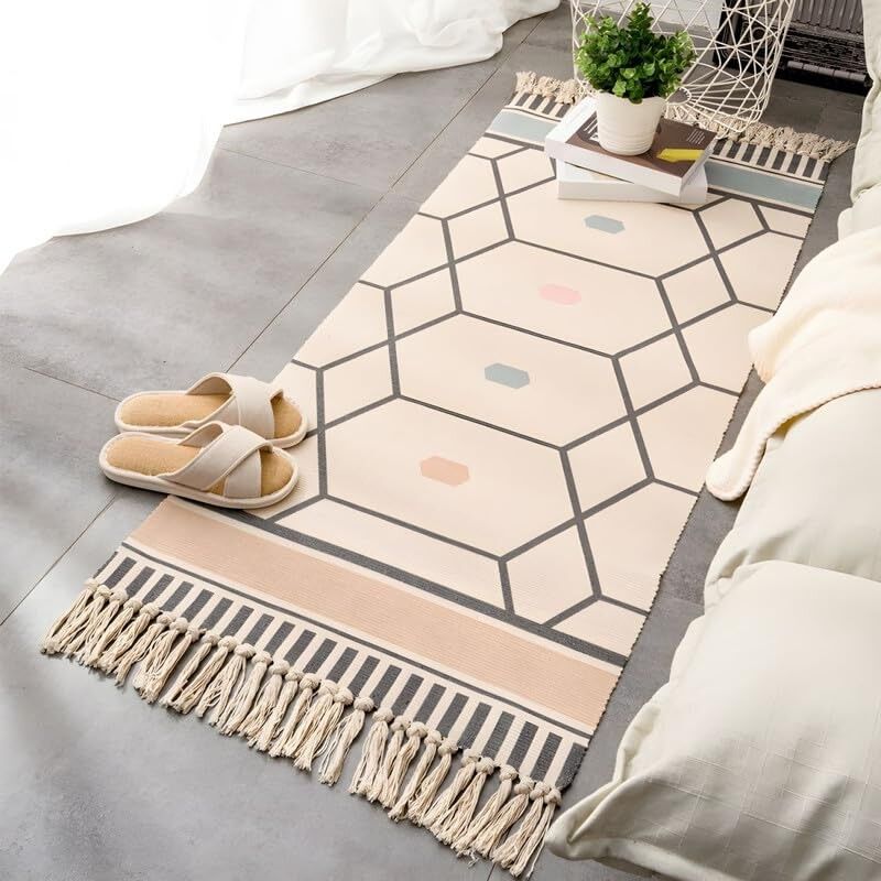 Tapis de chevet rétro moderne à motif losanges, tissé à la main en coton lavable, 60 x 150 cm | Tapis pour salon, chambre ou cuisine