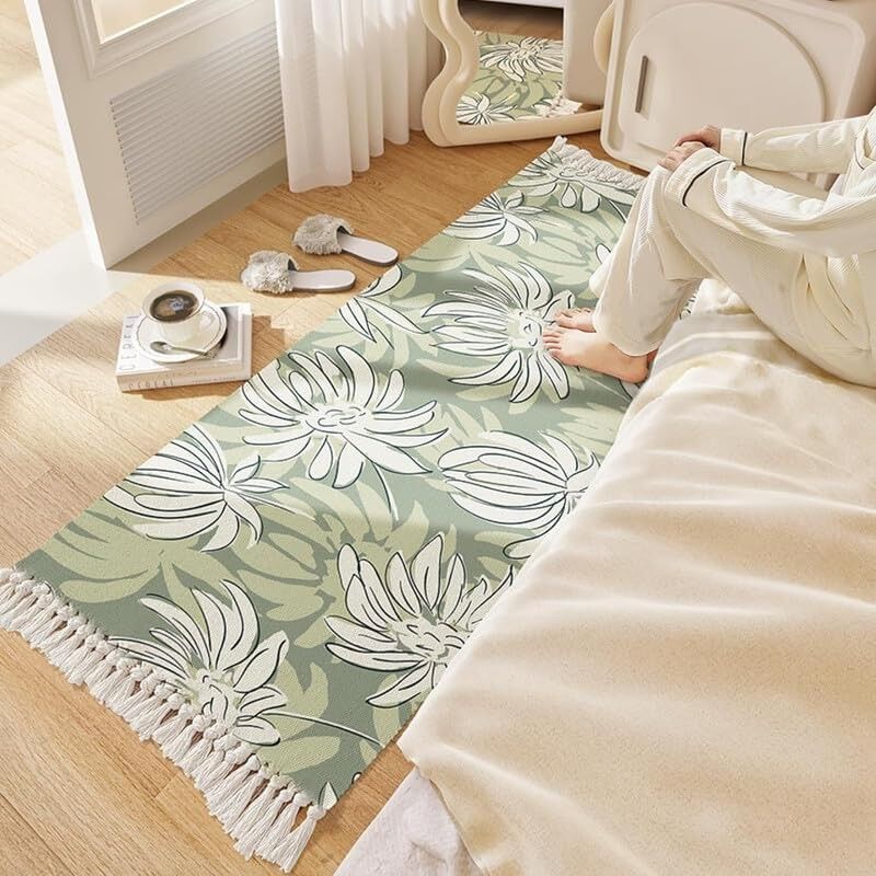 Tapis de chevet moderne à motif floral tissé à la main, 100 % coton, lavable, 60 x 150 cm | Idéal pour salon, chambre ou cuisine