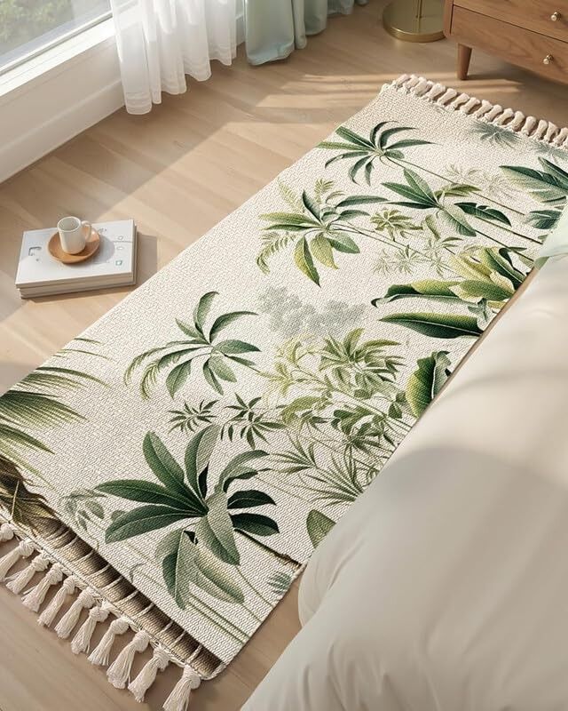 Tapis de chevet moderne imprimé, tissé à la main, 100 % coton, lavable, 60 x 150 cm | Idéal pour le salon, la chambre ou la cuisine