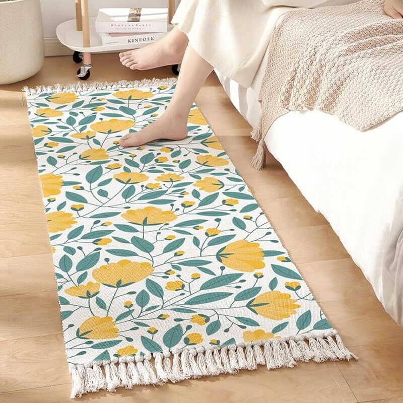 Tapis de couloir moderne tissé à la main, imprimé floral jaune, 100 % coton, lavable, 60 x 150 cm | Idéal pour salon, chambre ou cuisine