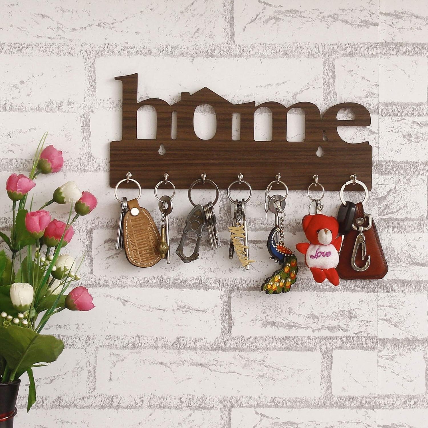 Porte-clés décoratif haut de gamme en bois à 7 crochets, 29 cm | Décoration murale pour l'entrée | Idée cadeau