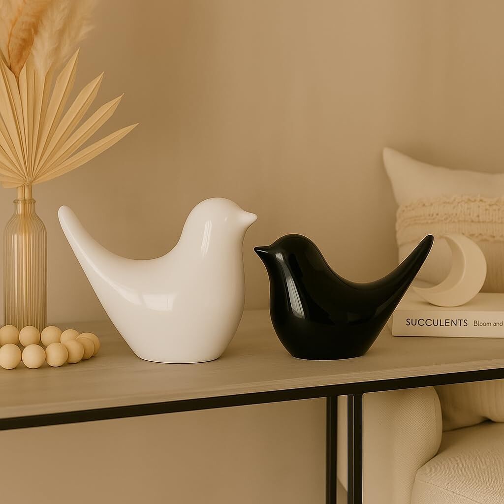Lot de 2 figurines d'oiseaux en céramique brillante blanche et noire | Décoration moderne pour la maison, objets de décoration de table et d'étagère
