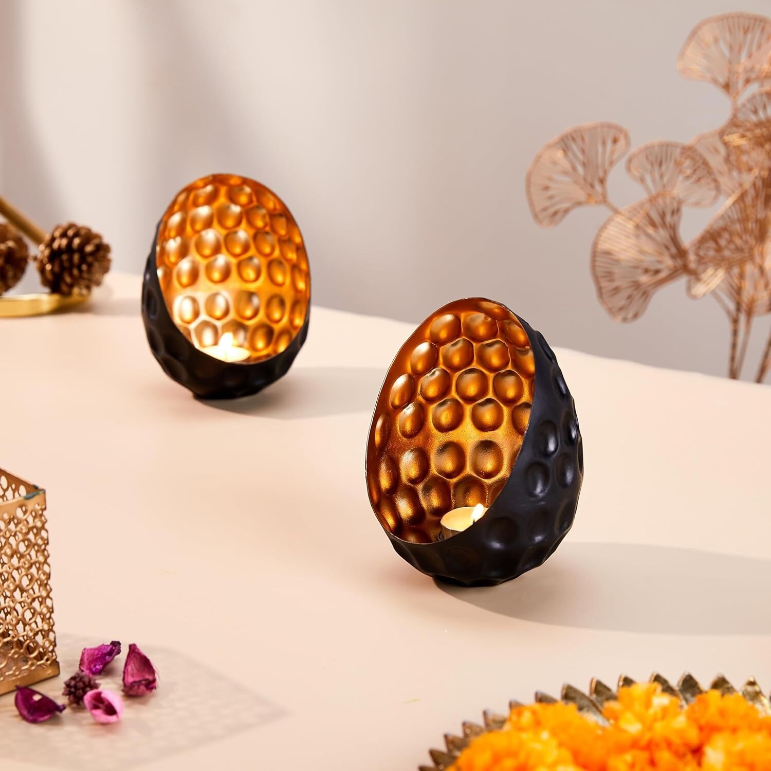 Ensemble de 2 élégants photophores ovales en fer noir et or, fabriqués artisanalement | Bougeoir, Décoration intérieure, Diwali, Noël