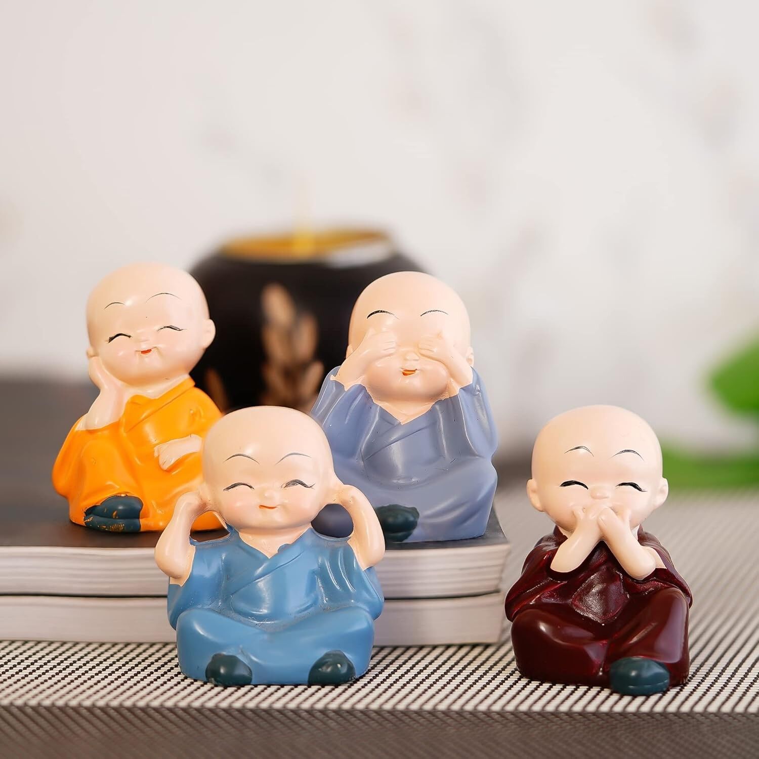 Resin Set of 4 Think No Evil Monk Buddha Statues | Home Decor, Office, Diwali Gifts