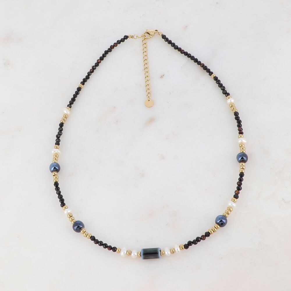 Necklace with natural stones, ceramic and freshwater pearls
