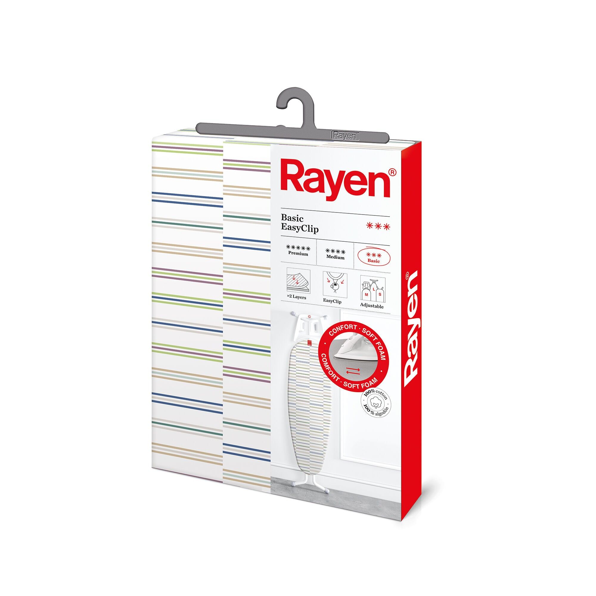 Rayen | Universeller Bügelbrettbezug | Verstellbarer EasyClip-Bügelbrettbezug | 2-lagig: 100 % Baumwolle mit Schaumstoffpolsterung | Mikroperforiertes Gewebe | Größe: 130 × 47 cm | Weißer Aufdruck