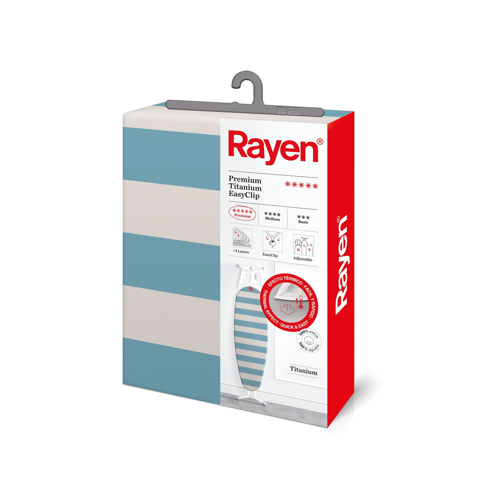 Rayen | Housse de table à repasser universelle | Housse de repassage ajustable EasyClip | 4 couches : 100 % coton avec titane | Rembourrage en mousse | Anti-gouttes | Dimensions : 130 × 47 cm | Imprimé bleu