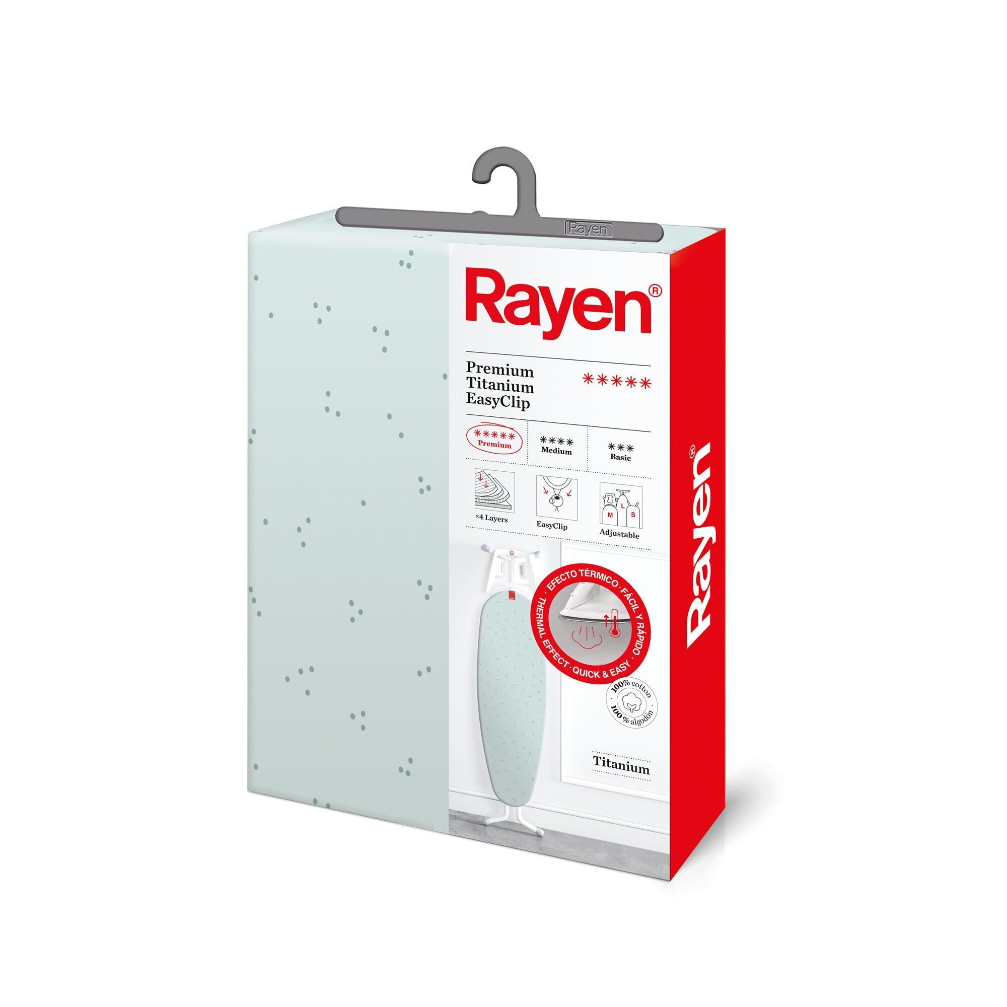 Rayen | Universeller Bügelbrettbezug | EasyClip-Bügelbrettbezug, verstellbar | 4-lagig: 100 % Baumwolle mit Titanbeschichtung | Schaumstoffgepolstert | Fleece | Größe: 130 × 47 cm | Bedrucktes Design
