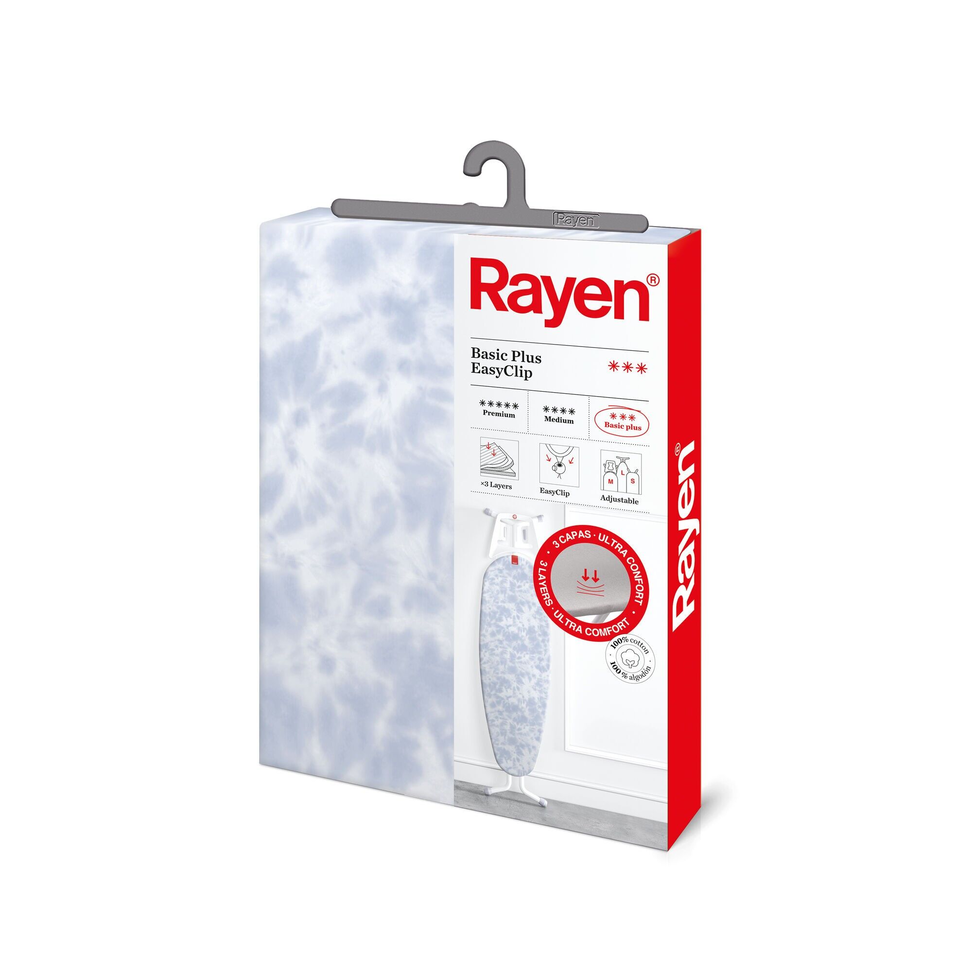 Rayen | Housse de table à repasser universelle | Housse de repassage ajustable EasyClip | 3 couches : 100 % coton | Double rembourrage en mousse | Tissu microperforé | Dimensions : 130 × 47 cm | Motif imprimé