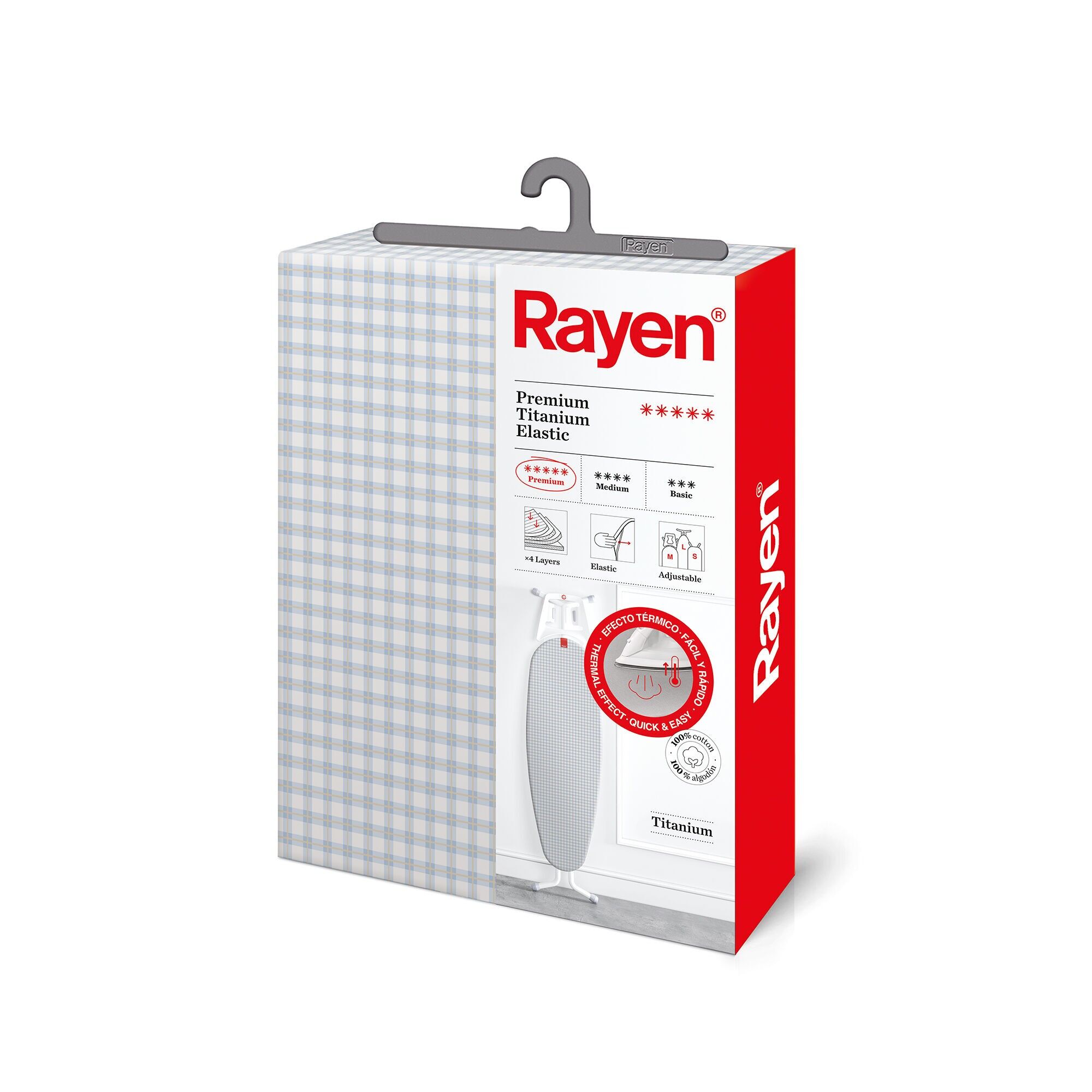 Rayen | Universeller Bügelbrettbezug | Elastischer Bügelbrettbezug | 4-lagig: 100 % Baumwolle mit Titanbeschichtung | Schaumstoffgepolstert | Fleece | Mikroperforiertes Gewebe | Größe: 127 × 51 cm | Bedrucktes Design