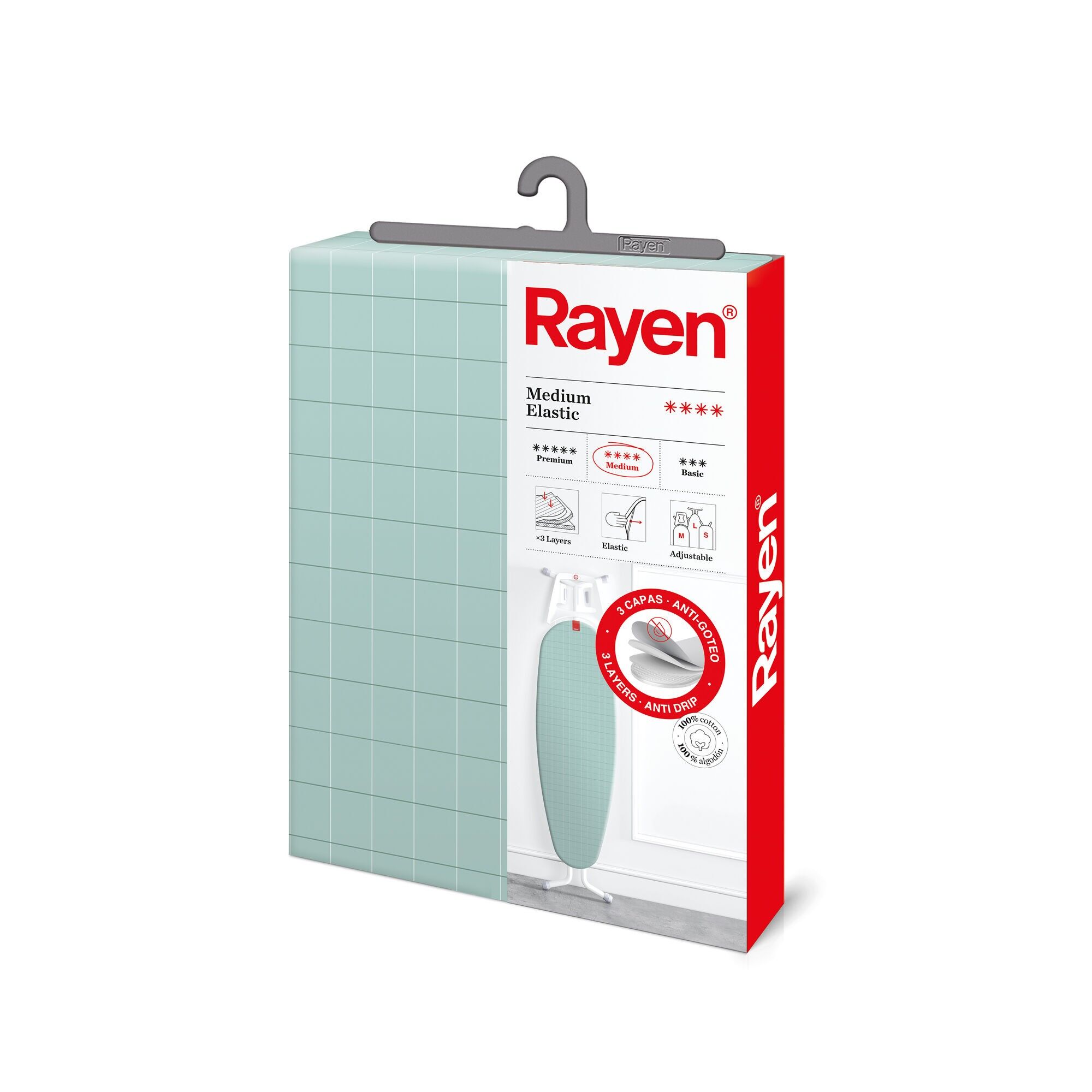 Rayen | Universeller Bügelbrettbezug | Elastischer Bügelbrettbezug | 3-lagig: 100 % Baumwolle mit Fleece | Doppelte Schaumstoffpolsterung | Mikroperforiertes Gewebe | Größe: 127 × 51 cm | Bedrucktes Design