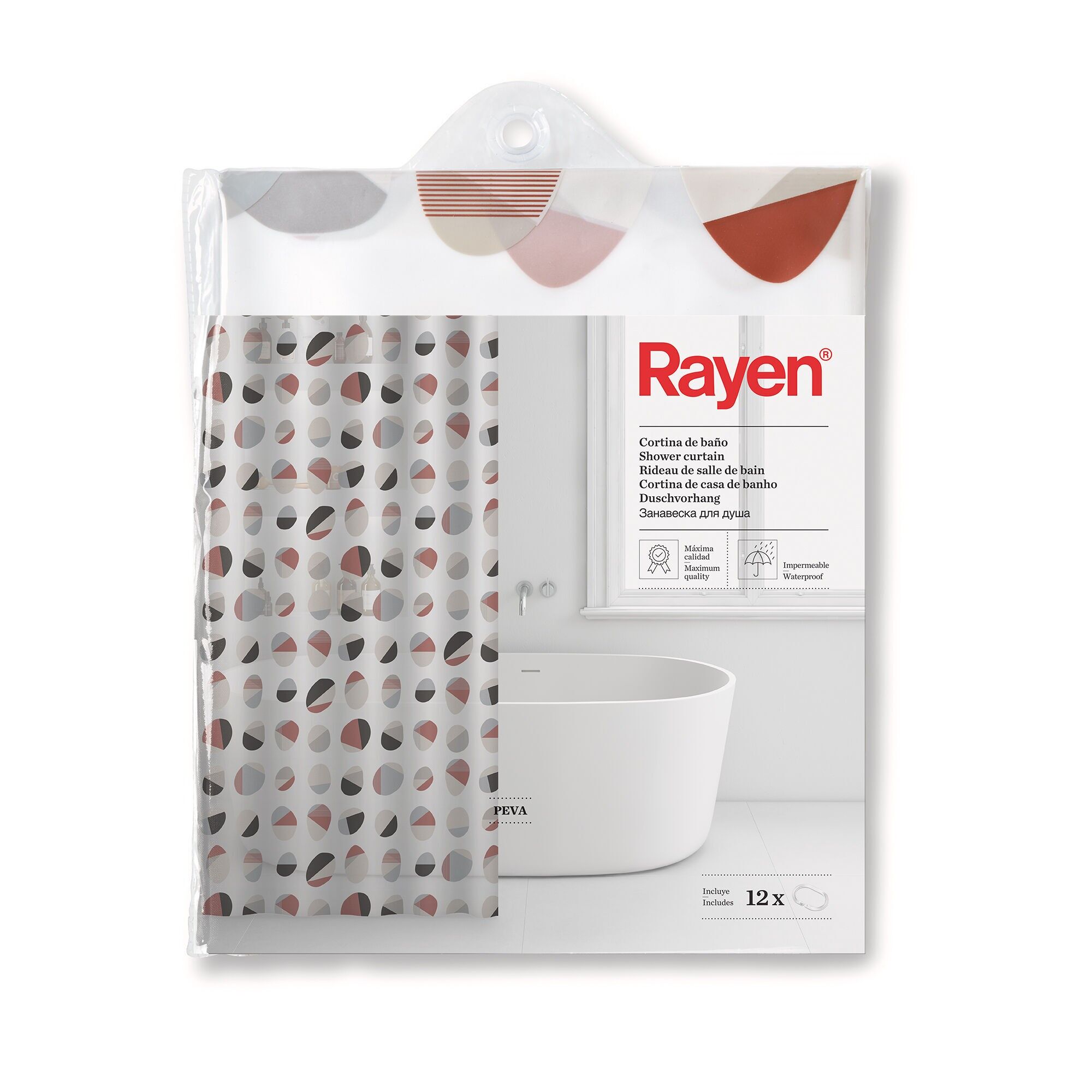 Rayen | Duschvorhänge | Vorhang für Dusche oder Badewanne | Wasserdicht | PVA | Lichtdurchlässig | PVC-Ringe | Inkl. 12 Haken | 180 × 200 cm | Weiß mit farbigen Kreisen