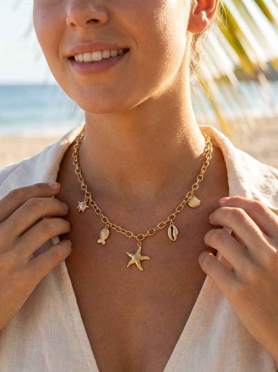 Goldene Halskette mit türkisfarbenen maritimen Anhängern