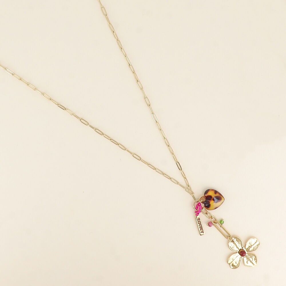 Lange Halskette – mit LOVE-Anhänger, Leopardenherz, Kleeblatt und Natursteinen