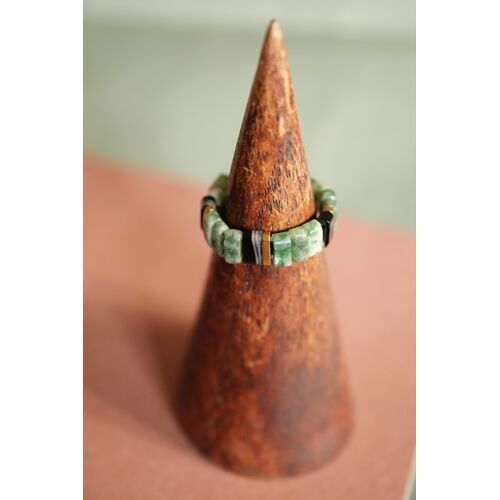 Flat jasper bead ring with green polka dots