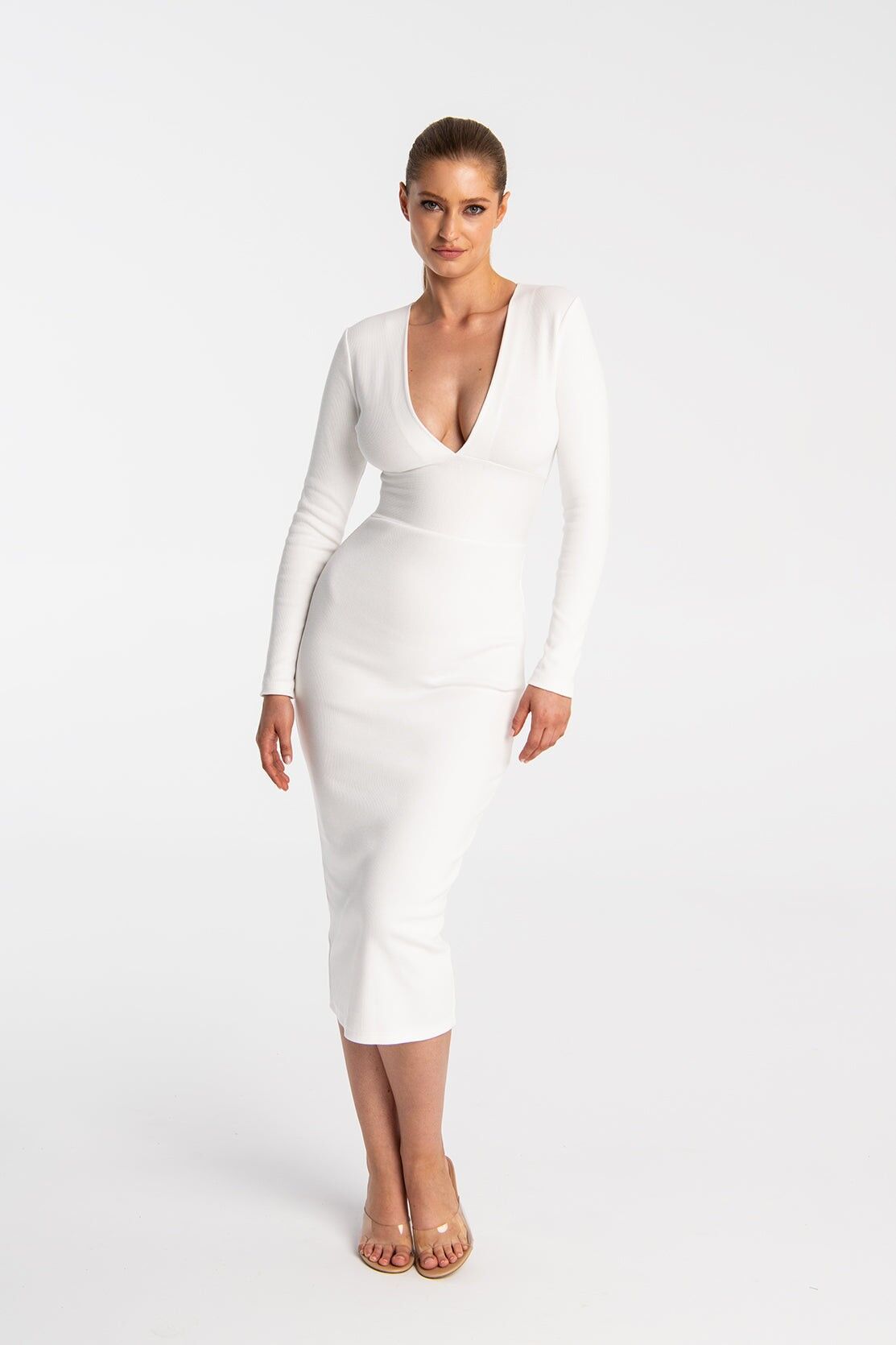 Robe midi côtelée à col en V Victoria