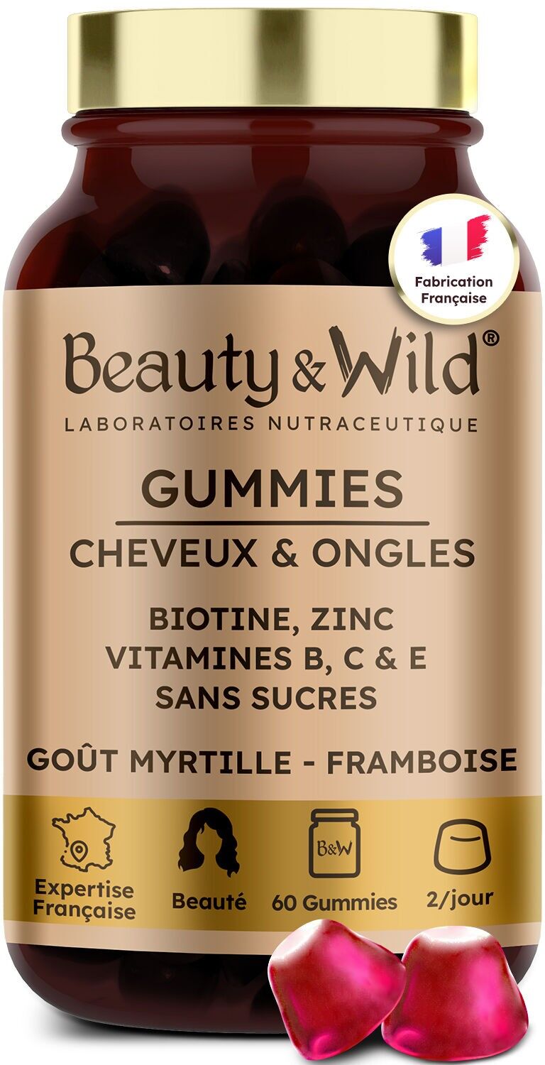 Hair and Nail Gummies – Biotin, Zinc, Vitamins B6, B9, C, D3, E – 60 Sugar-Free Gummies – Hair Growth, Strengthening, Shiny Hair – Blueberry Raspberry Flavor – Made in France