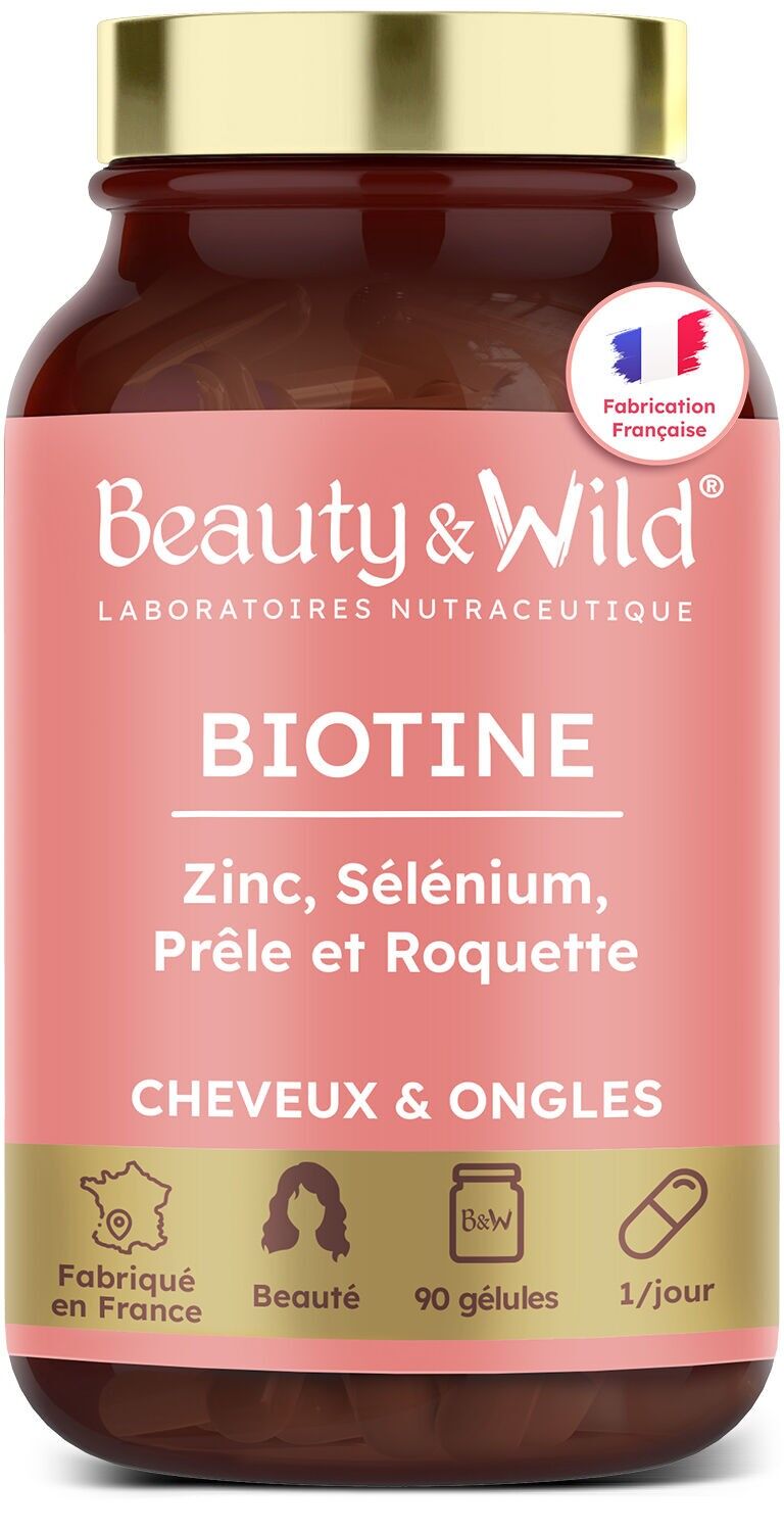 BIOTIN HAIR GROWTH | Dietary Supplement for Hair, Skin, and Nails | Hair Growth | Vitamin B8, Horsetail, Rocket, Zinc, Selenium | VEGAN | 1 capsule/day | Made in France | Beauty&Wild