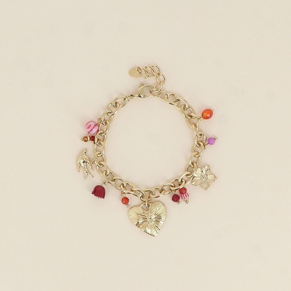 Armband – glasierte Keramikperlen, Natursteine, Vogel, Herz, Blume