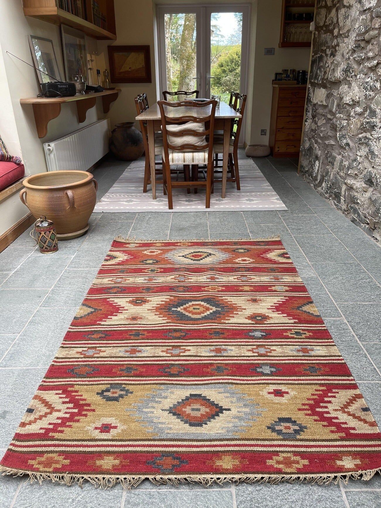 Kashi Kilim Wool Rug Handmade in Geometric Multi Colour Design