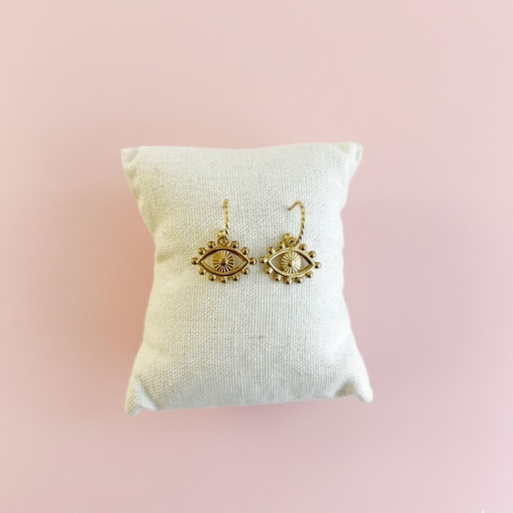 Pendientes Gaïa : pendientes artesanales cortos de acero inoxidable dorado con colgante en forma de ojo