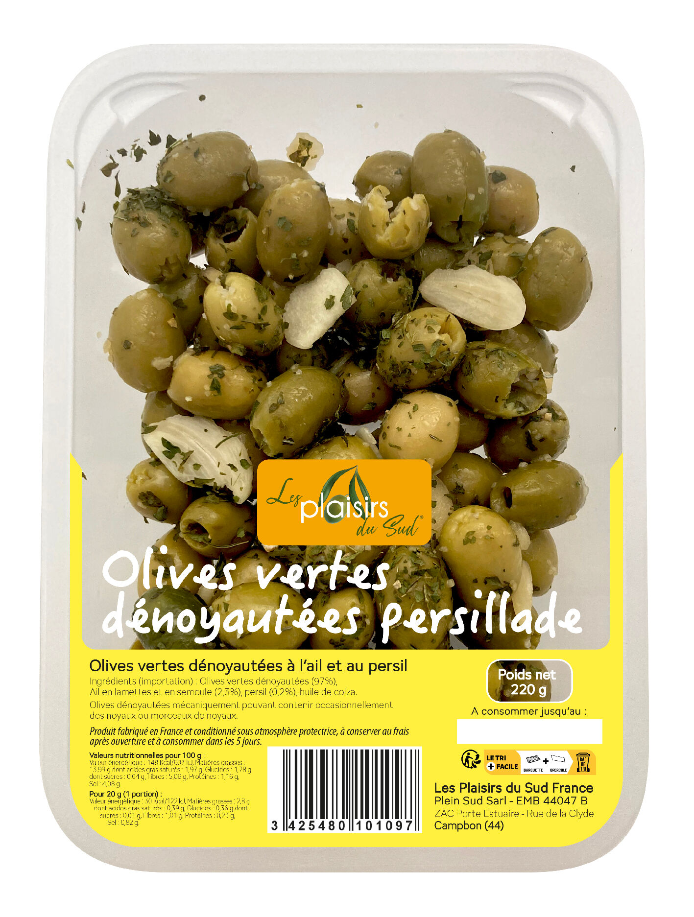 Pitted green olives with parsley and garlic - 220g tray - Fresh olives