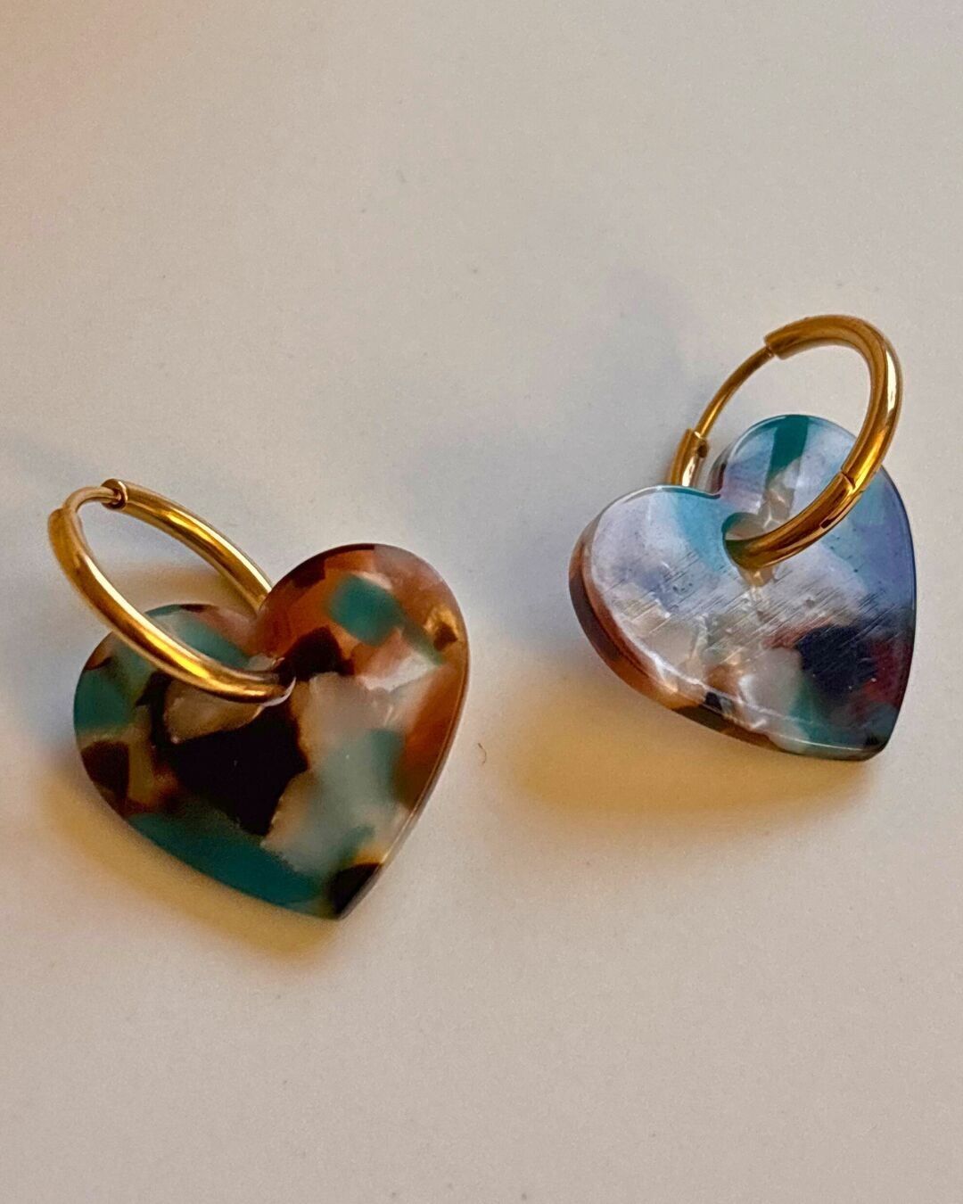 Marbled Blue Heart Earrings – Gold-Plated Stainless Steel Hoops / Valentine's Day
