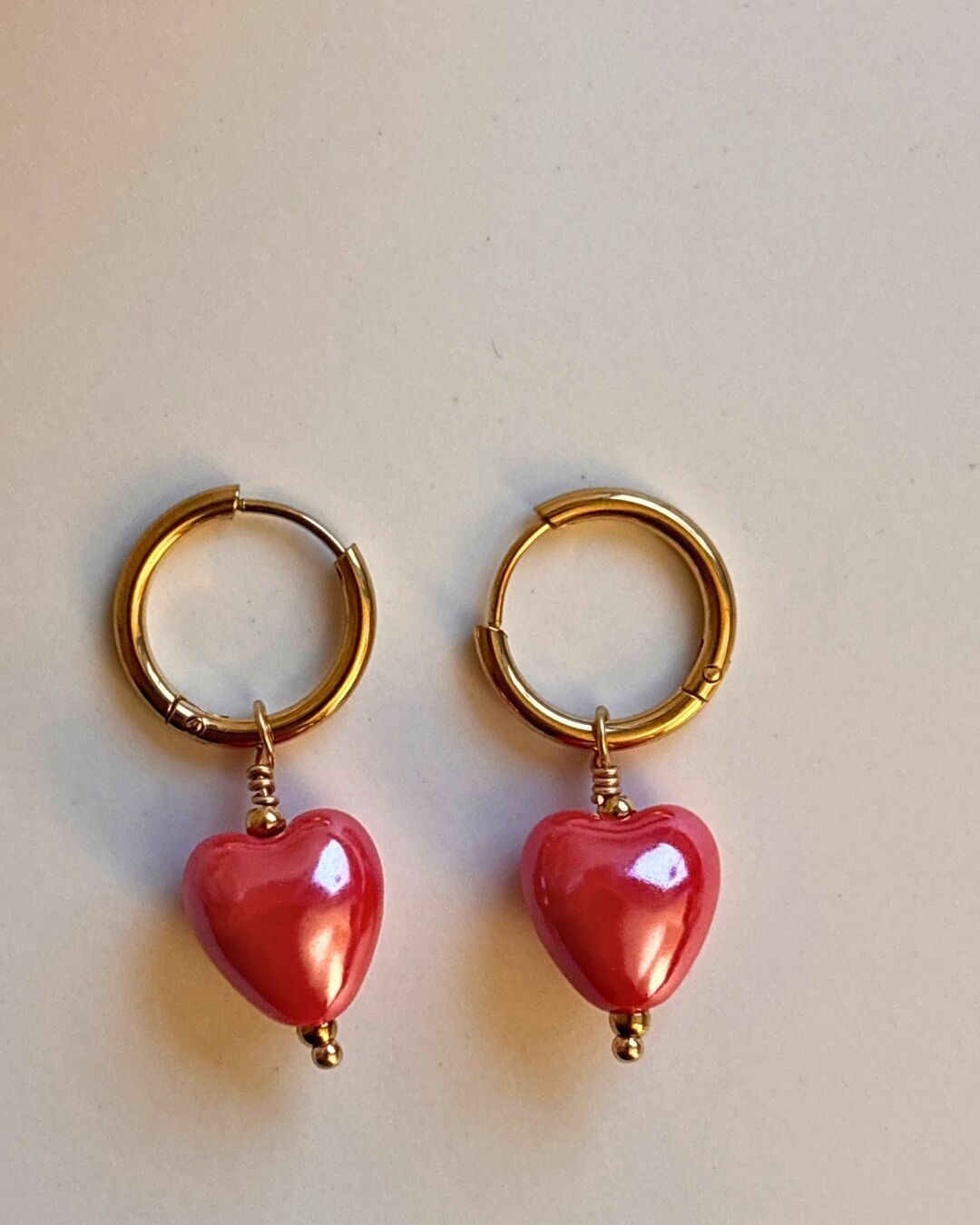 Pearly red heart earrings – gold-plated stainless steel hoops / Valentine's Day
