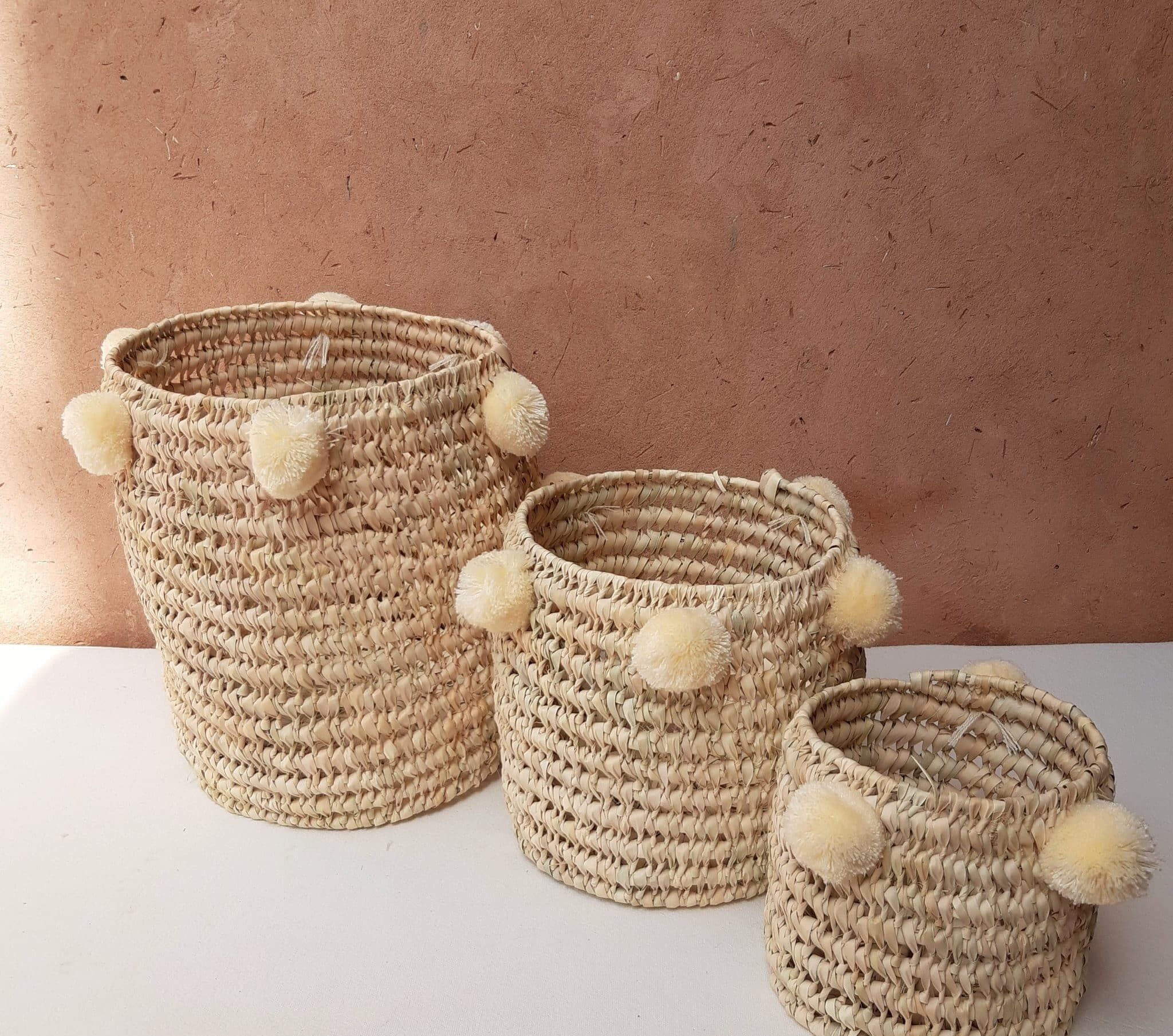 Trio of Pom Pom Storage Baskets - Bohemian Handwoven Set