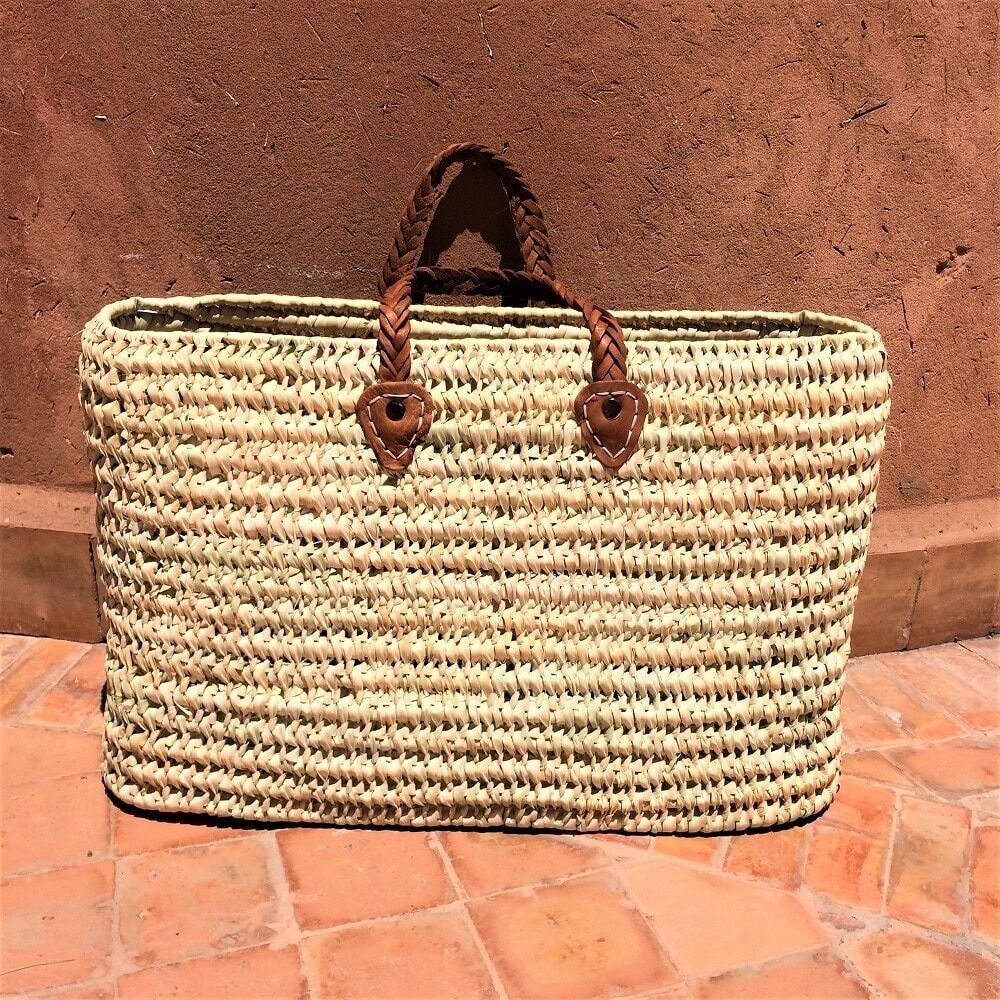 Cestino rettangolare in foglie di palma - Borsa intrecciata a mano con manici in pelle intrecciata