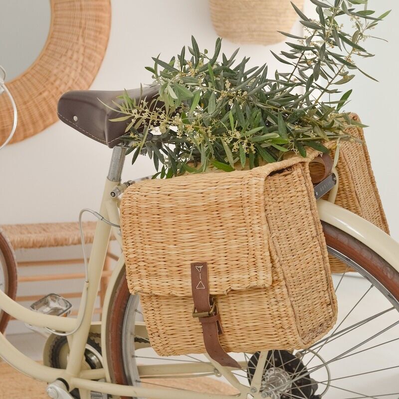 Handmade Moroccan Seagrass Bicycle Panniers – Double Wicker Bike Bags with Genuine Leather Trim