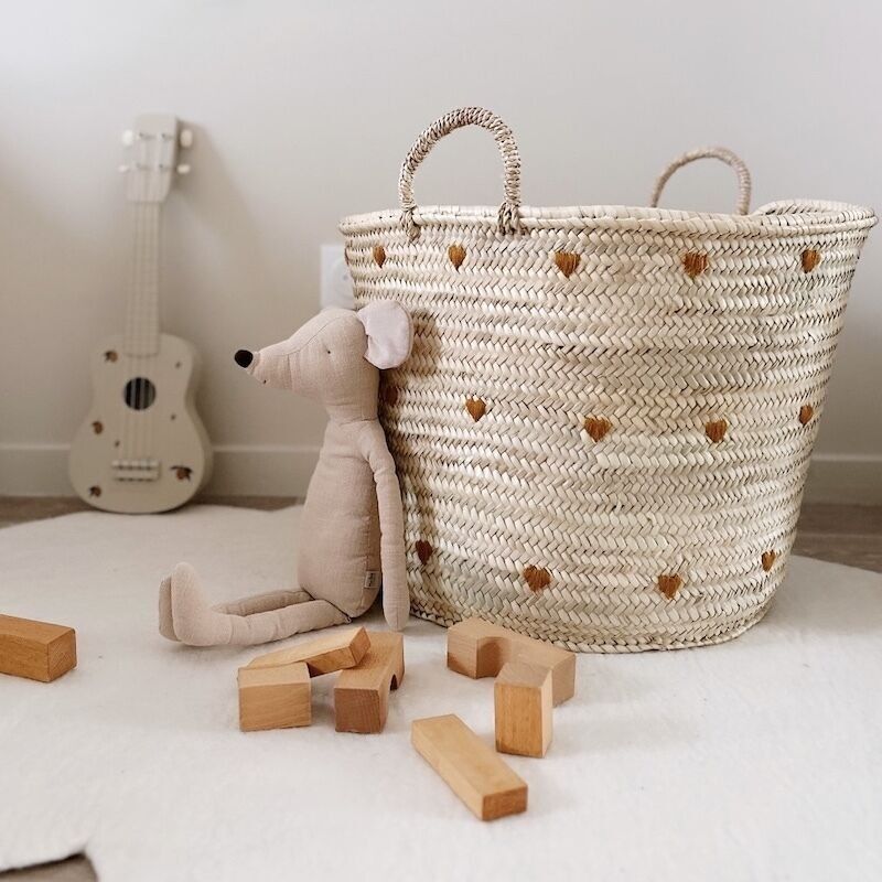 Large Moroccan Storage Basket with Honey-Embroidered Hearts - Handmade Nursery Decor