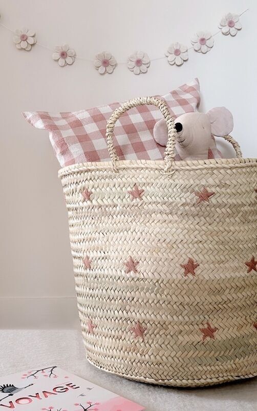 Large Moroccan Storage Basket with Pink Embroidered Stars - Handmade Wicker Nursery Bin