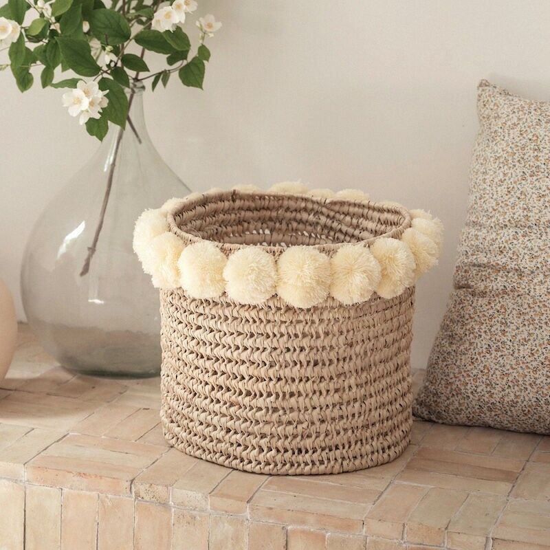 Round Moroccan Storage Basket with Pompoms - Handmade Woven Basket & Planter Cover
