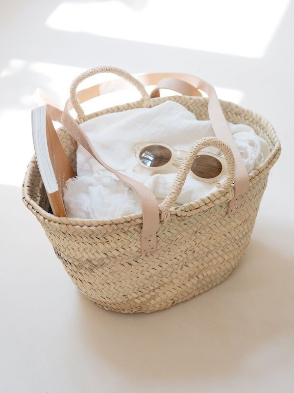 Small Moroccan Woven Straw Tote with Double Natural Leather Handles - Handmade Basket Bag