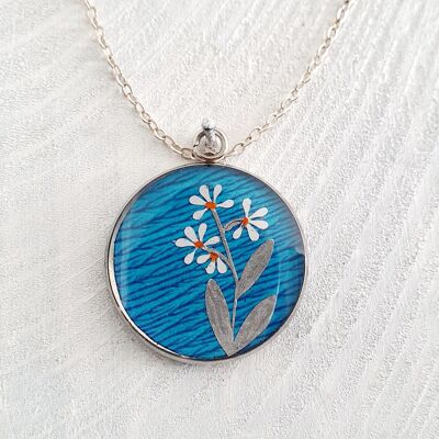 Pendente/collana con 3 margherite a gambo - Blu petrolio ,SKU201